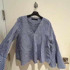 Zara Blue V-neck checkered blouse